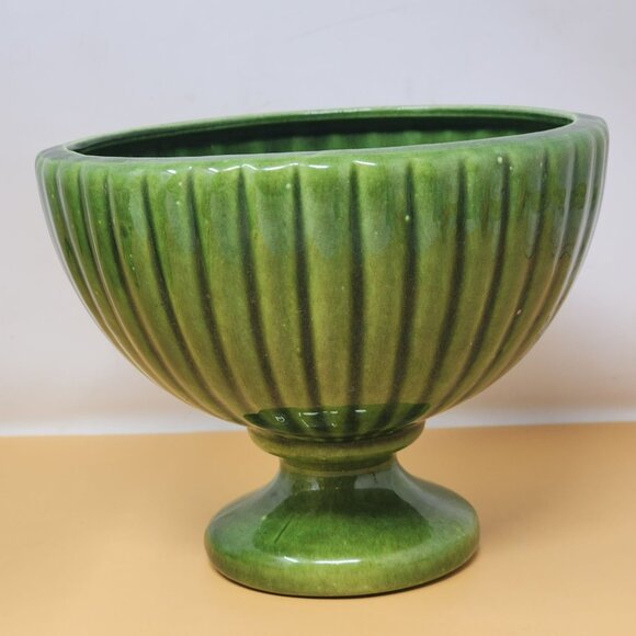 Vintage Green Speckled Haeger USA Ribbed Ceramic Pedestal Footed Bowl - Picture 3 of 8